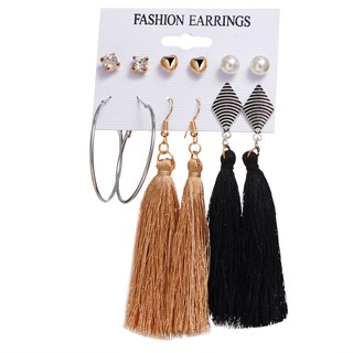 Set 6 cặp bông tai khuyên tai tua đen vàng thời trang