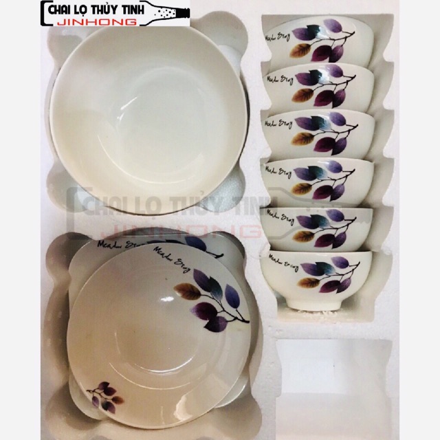 BỘ CHÉN BÁT 11 MÓN- IN HOA VĂN NỔI HÌNH LÁ