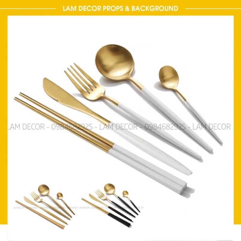 Set thìa dĩa inox 5 món làm phụ kiện chụp ảnh hoặc phụ kiện bàn ăn