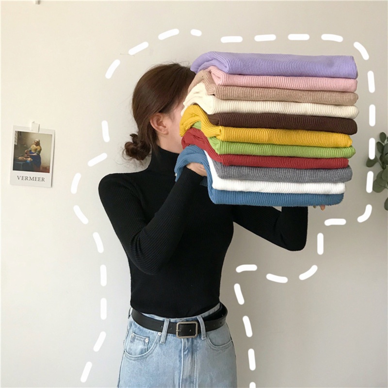 Áo Sweater Dệt Kim Cổ Lọ Tay Dài Màu Sắc Xinh Xắn Cho Nữ