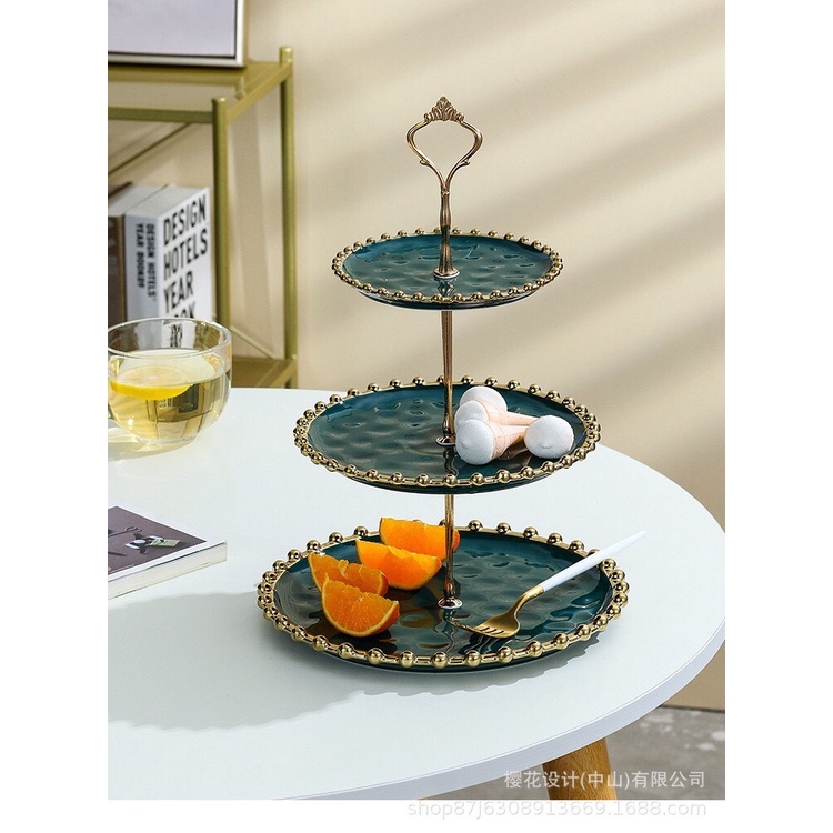 Khay, đĩa đựng bánh kẹo, mứt tết, trái cây 3 tầng gốm sứ viền vàng kim decor trang trí