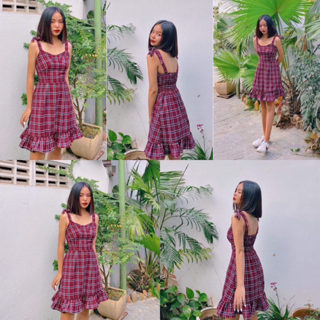 ĐẦM MARIKO CARO - ĐẦM 2 DÂY CARO ĐỎ SIÊU XINH