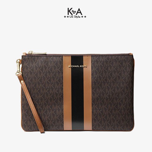Ví cầm tay dự tiệc hàng hiệu Michael Kors 32T9GF9M3B-Large Logo Stripe Zip Pouch-Brown MỚI 2021