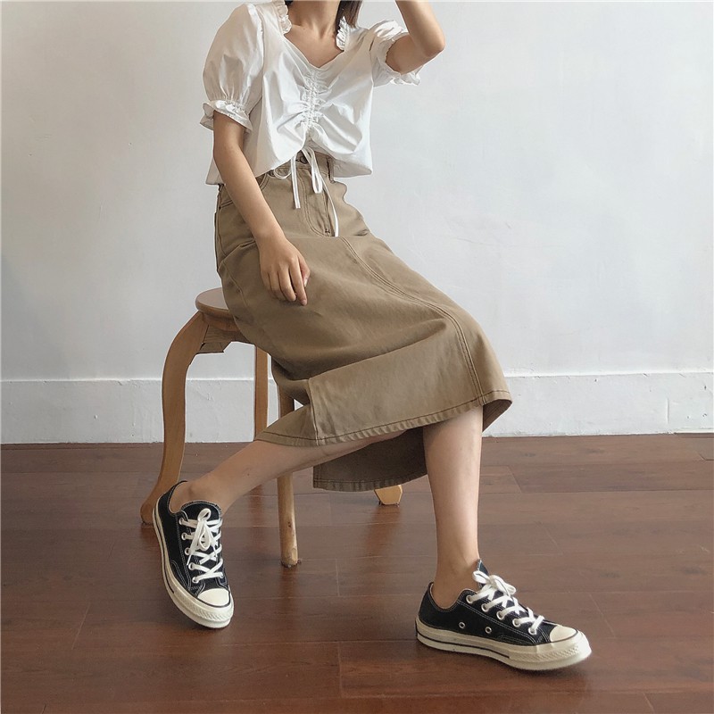 Chân váy Kaki dáng A suông dài Vintage Hàn Quốc