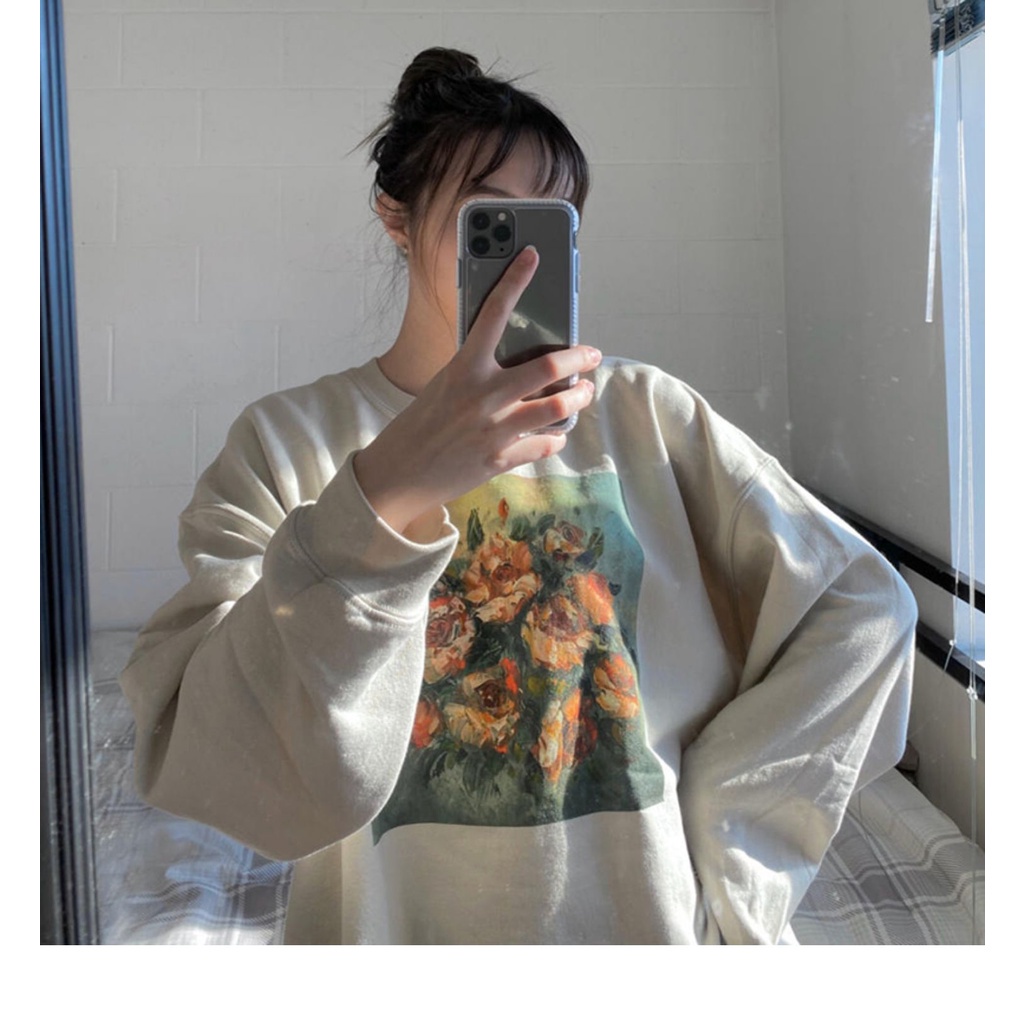 Porozi  Áo Sweater Tay Dài Lót Nhung In Họa Tiết Phong Cách Retro Hàn Quốc