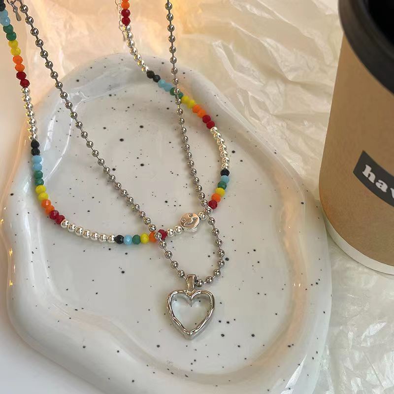 Set 2 dây chuyền AY mặt hình trái tim/ mặt cười chuỗi hạt nhiều màu sắc xếp lớp thời trang dành cho nữ