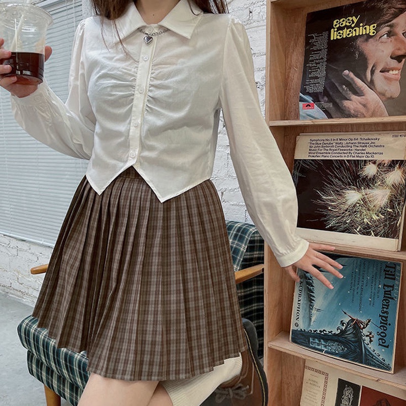 IELGY Áo sơ mi màu trắng tay dài cổ polo phong cách trẻ trung cho nữ