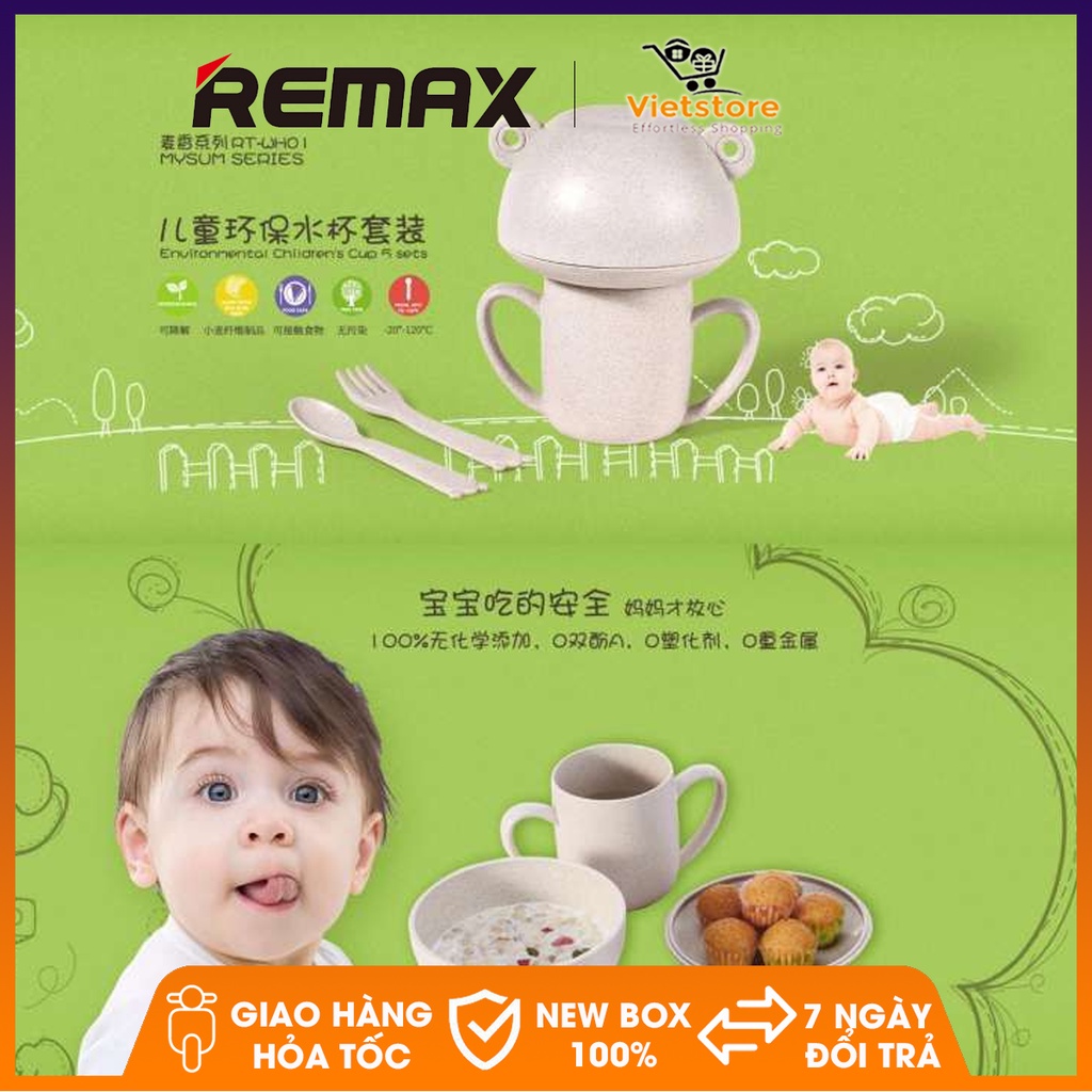 Bộ bát dĩa lúa mạch cao cấp REMAX thân thiện với môi trường, an toàn cho bé gồm bát, cốc, đĩa, thìa và dĩa
