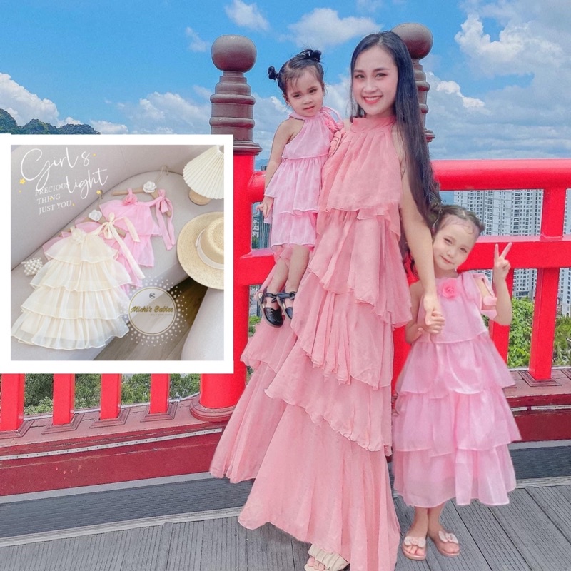 Váy maxi đi biển voan tơ nhiều tầng cổ yếm siêu xinh cho mẹ và bé, đồ đôi đi biển cho mẹ và bé (HF8)