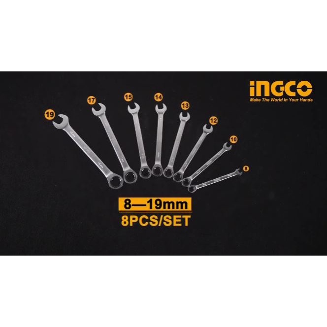 ĐỒ NGHỀ INGCO  Bộ 8 cờ lê  miệng vòng hai chiều (8-19mm)  HKSPAR1082 (Cam kết Chính Hãng 100%)