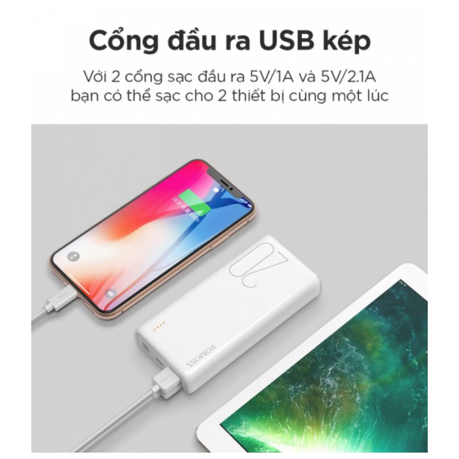 Pin sạc dự phòng Romoss Simple 20 20.000mAh nhỏ gọn 3 cổng input Micro - Lightning - Type C – Hàng chính hãng