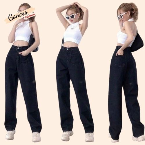 Quần jean nữ Goness lưng cao ống rộng bò cao cấp túi nắp phía trước co giãn thời trang QJ179