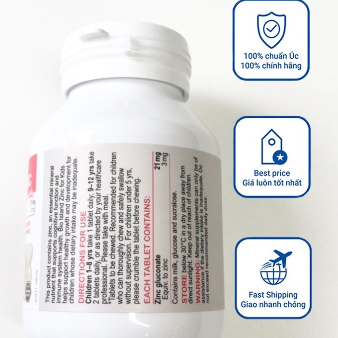 Viên Bổ sung Kẽm Bio Island Zinc 120 viên cho bé của Úc