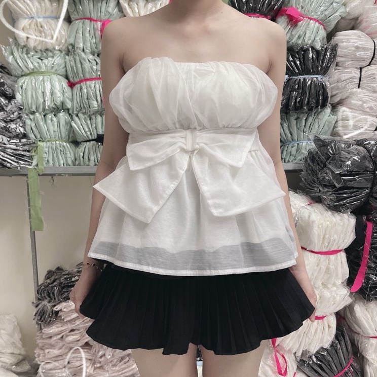 Áo cúp ngực phối nơ siêu xinh voan cao cấp