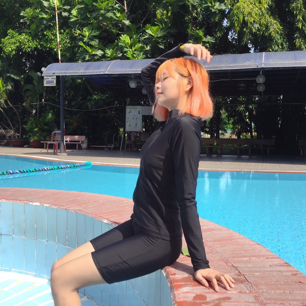 Đồ bơi nữ 2 mảnh tay dài quần lửng kín đáo đi biển đi bơi bikini thun lạnh dây kéo che khuyết điểm | DBN006