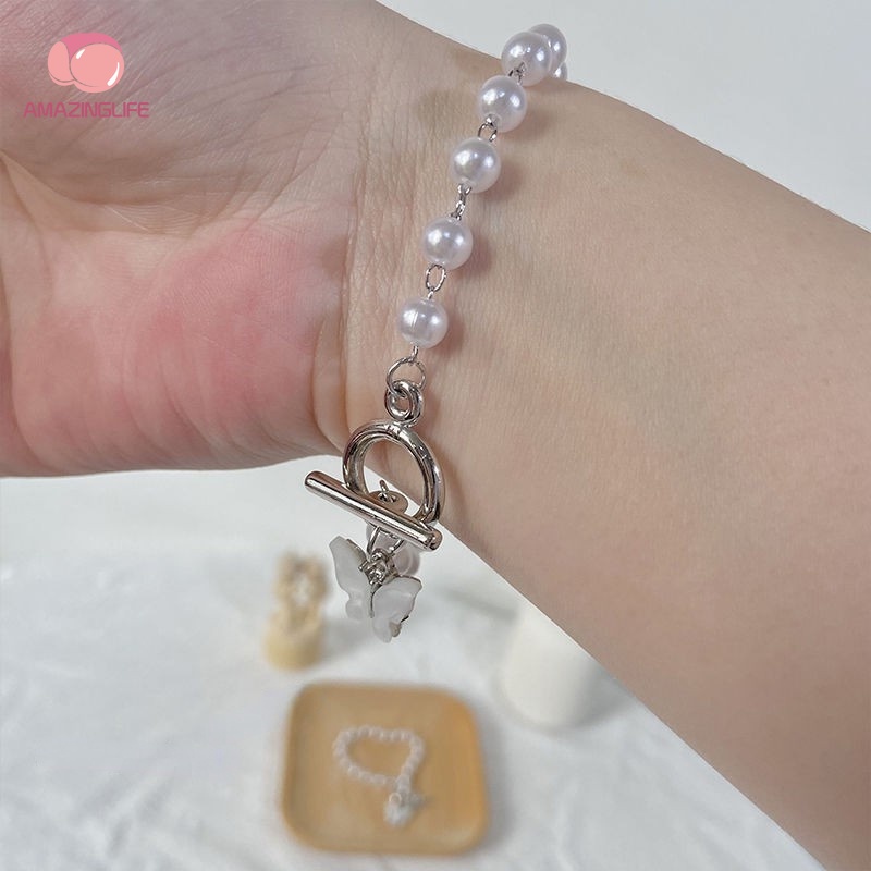 Vòng Tay Chuỗi Hạt Ngọc Trai / Bạc Mặt Hình Bướm Màu Sắc Ngọt Ngào Thanh Lịch