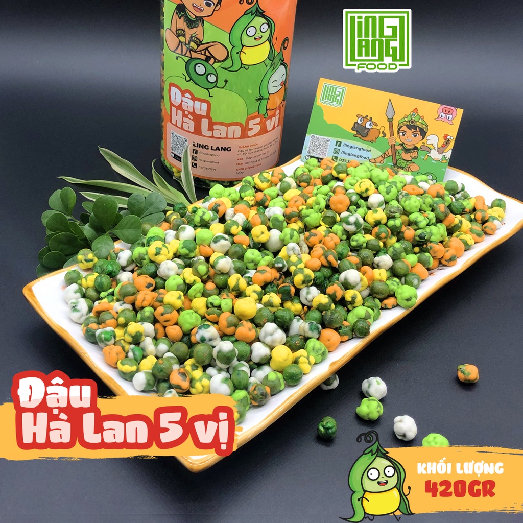 Đậu Hà Lan mix 5 vị sấy Ling Lang Food hũ 420g: Tỏi Ớt, Wasabi, Sữa, Phô Mai, Sầu Riêng