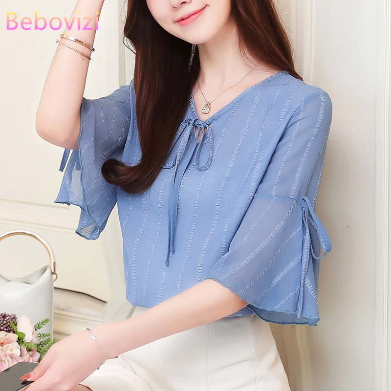 Áo Chiffon Tay Ngắn Cổ Chữ V Phong Cách Hàn Quốc Cho Nữ