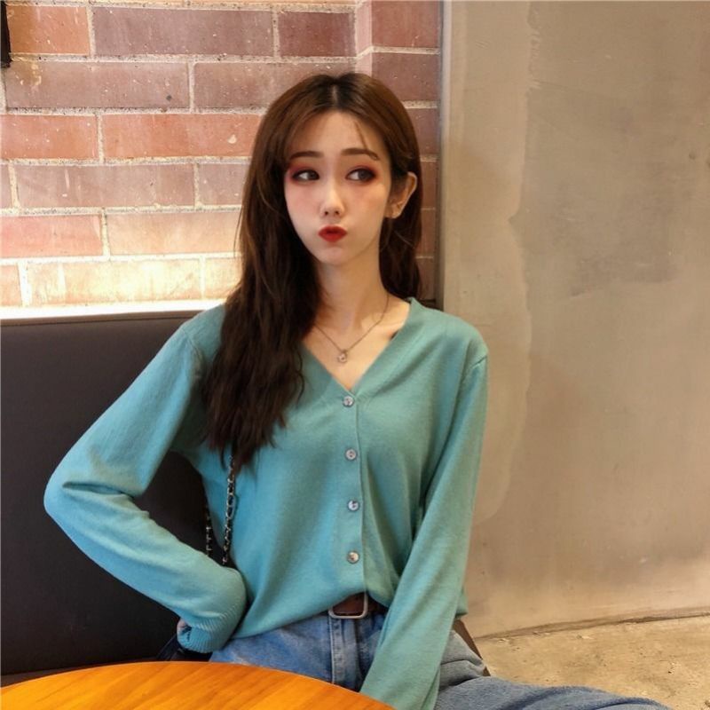 Áo Thun Len Áo Khoác Cardigan Tay Dài Nữ Ulzzang Cổ Tim