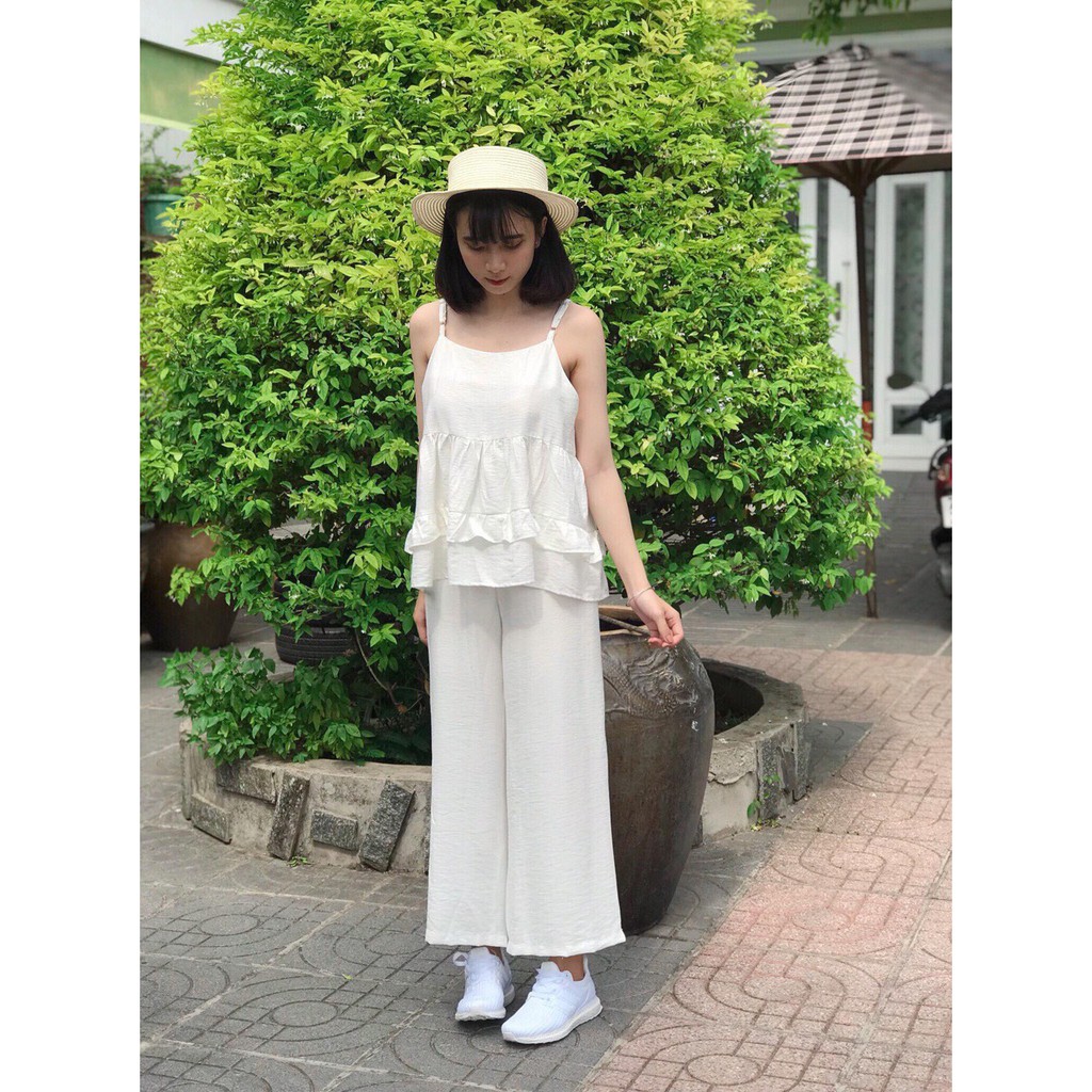 SE833 - Set Áo Babydoll Tầng Mix Quần Ống Suông Rộng Kèm Hình Thật