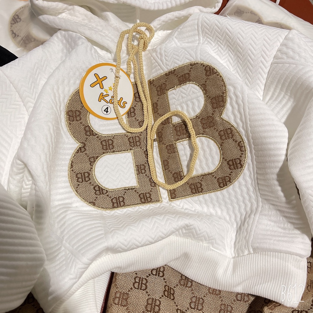 Quần áo bé trai, bộ thu đông bé trai áo mũ thêu chữ BB quần GC dệt trên vải sz 13-25kg
