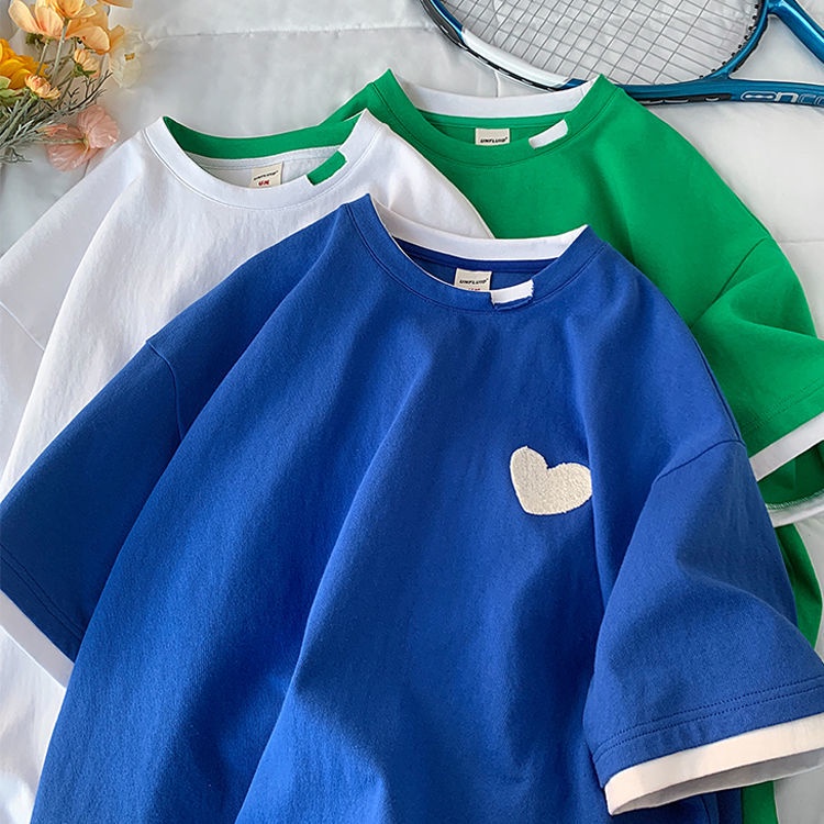 Áo Thun Tay Ngắn Giả Hai Lớp Thêu Họa Tiết Trái Tim Thời Trang Mùa Hè Dành Cho Bạn Gái