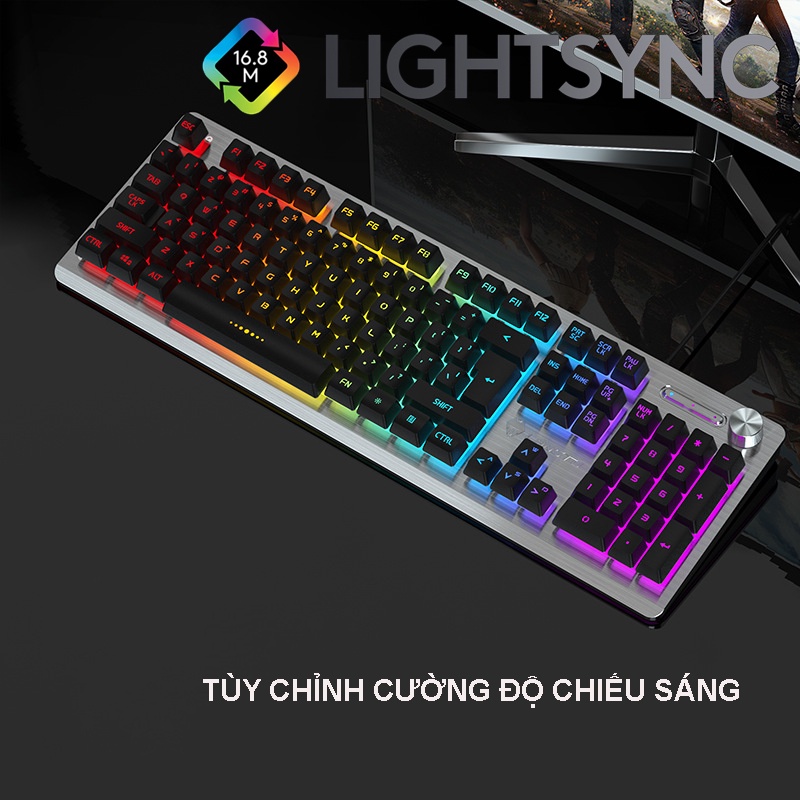 Bàn Phím Giả Cơ Gaming LangTu K002 Núm Xoay Điều Chỉnh Độ Sáng LED Âm Lượng Full Size 104 Phím