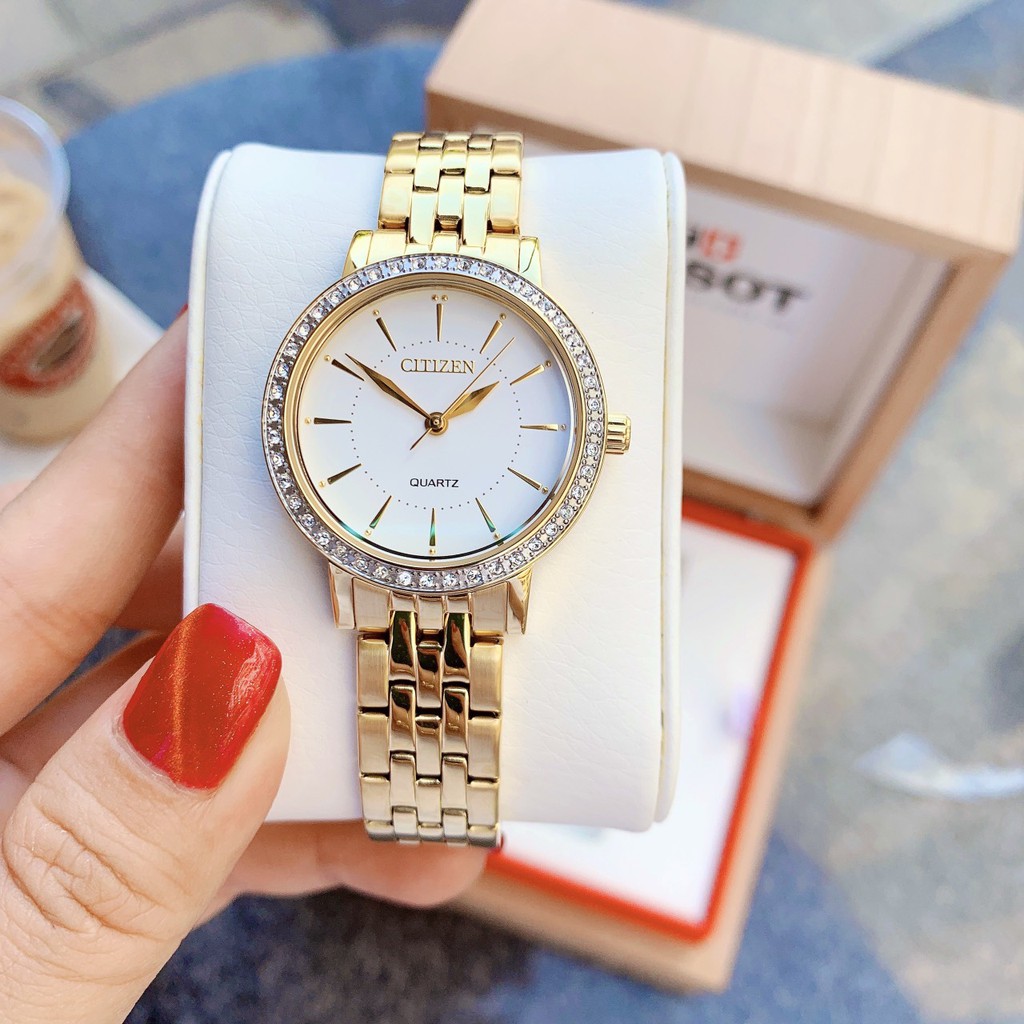 Đồng hồ Nữ Citizen EL3042-84A Mặt trắng,Viền pha lê-Máy Pin Quartz-Dây kim loại mạ vàng cao cấp-Size 31mm