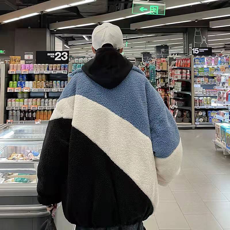 Áo khoác cotton len lông cừu dáng rộng cổ cao phối ba màu thời trang cho nam và nữ