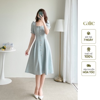 Váy dáng dài xòe cổ vuông ly eo thanh lịch, đầm dáng xòe cổ vuông Calie VX036