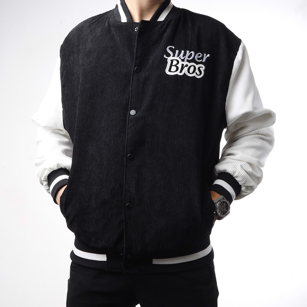 Áo Khóac Nhung Tăm Jacket Varsity Graffiti LoGo Thêu SUPER BROS ( 2 lớp BomBer ) Cao Cấp