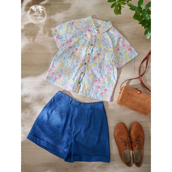 ÁO SƠMI HOA OVERSIZE LÁ IN HOA 2 MÀU XANH NEON/HỒNG TÍM NHẠT