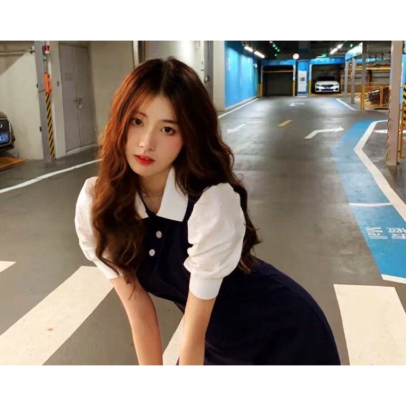 Váy đầm nữ cổ polo đen trắng cộc tay phồng dáng chư A xòe phom tôn dáng freesize ngắn | BigBuy360 - bigbuy360.vn