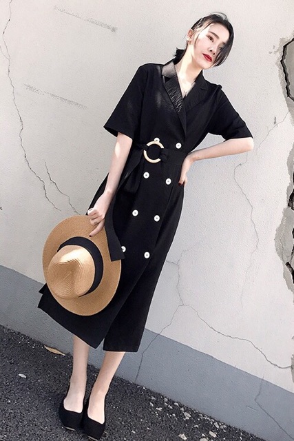 (Order-ảnh thật) bigsize L-4XL Đầm blazer cổ vest phối cúc dáng dài kèm belt tròn | BigBuy360 - bigbuy360.vn