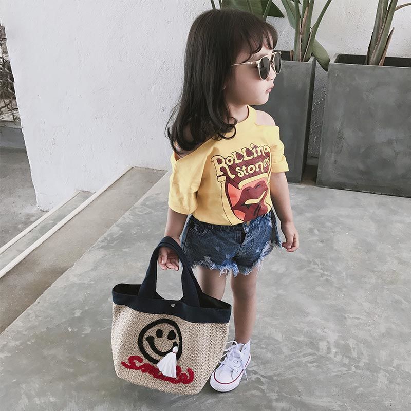 Set Áo Thun Trễ Vai Ngắn Tay + Quần Short Denim Thời Trang Hè Mới Cho Bé Gái