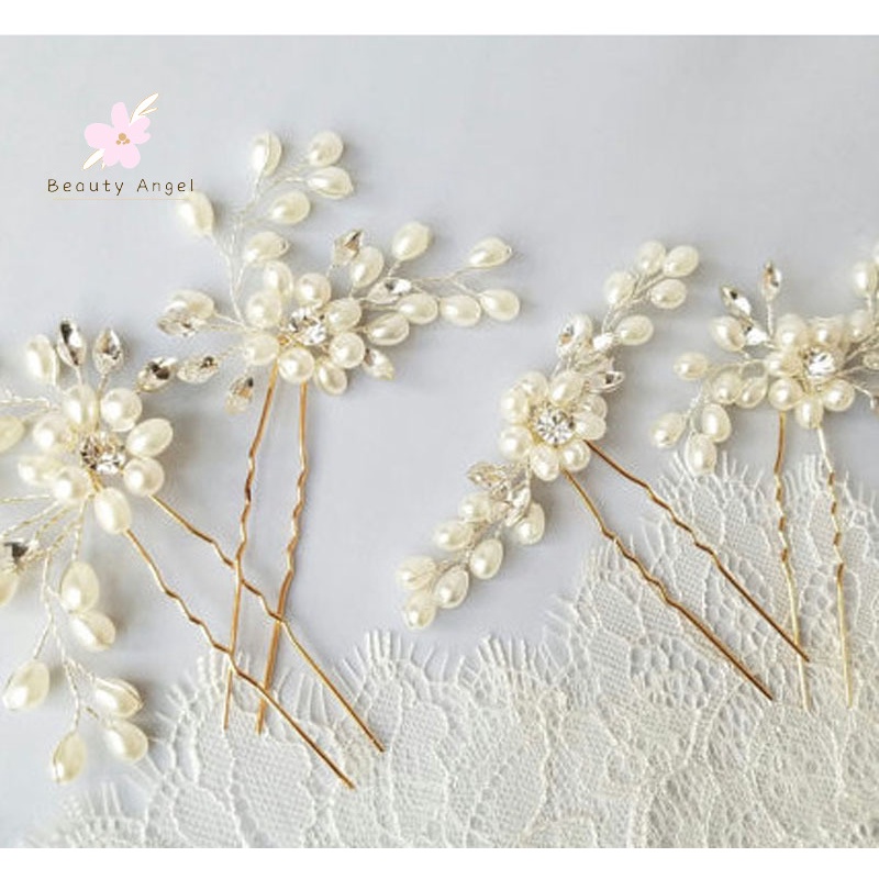 Trâm Cài Tóc Hình Hoa Đính Ngọc Trai Pha Lê Cho Cô Dâu