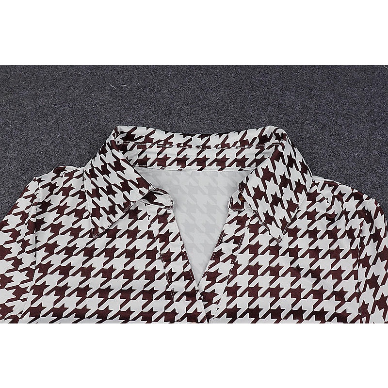 DUNEA Đầm cổ bẻ thắt dây in họa tiết houndstooth thời trang cho nữ