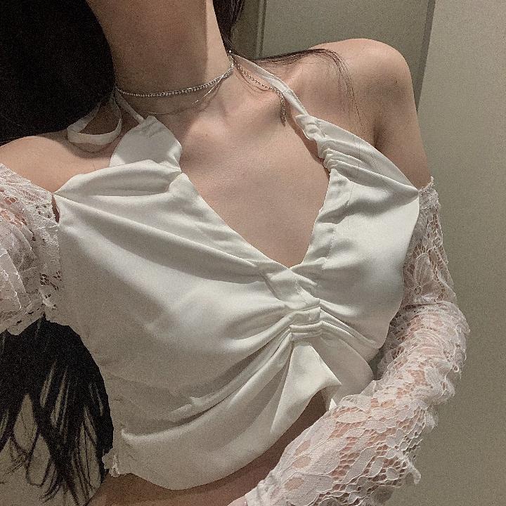 Áo kiểu COZOKC dài tay cổ chữ V phối ren dáng ôm phong cách quyến rũ