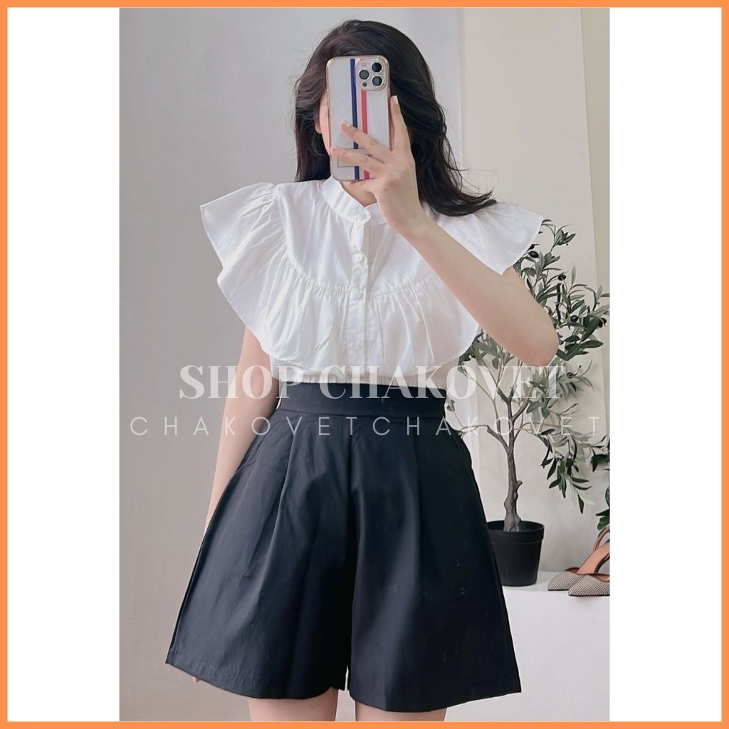 Set đồ nữ sơ mi quần đùi S8234 set babydoll nữ kèm quần, kiểu áo cổ tàu cánh tiên bánh bèo sang chảnh freesize -CHAKOVET