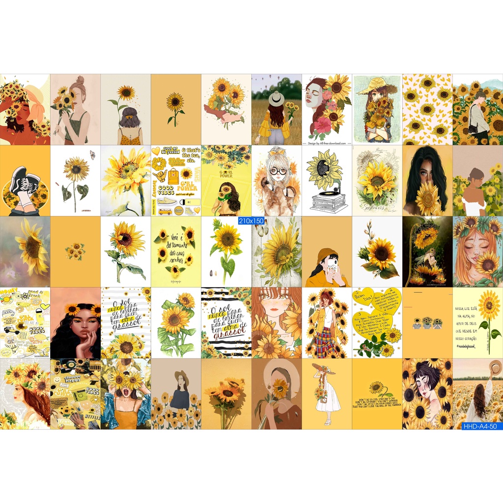 Combo Set 50 tờ Decal dán tường trang trí khổ A4,A5 - chủ đề Hoa hướng dương