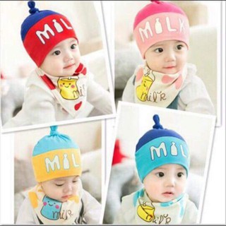 Set mũ cotton kèm yếm milk cho bé