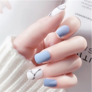 bộ 24 móng tay giả nhám xanh đá rạn kèm keo