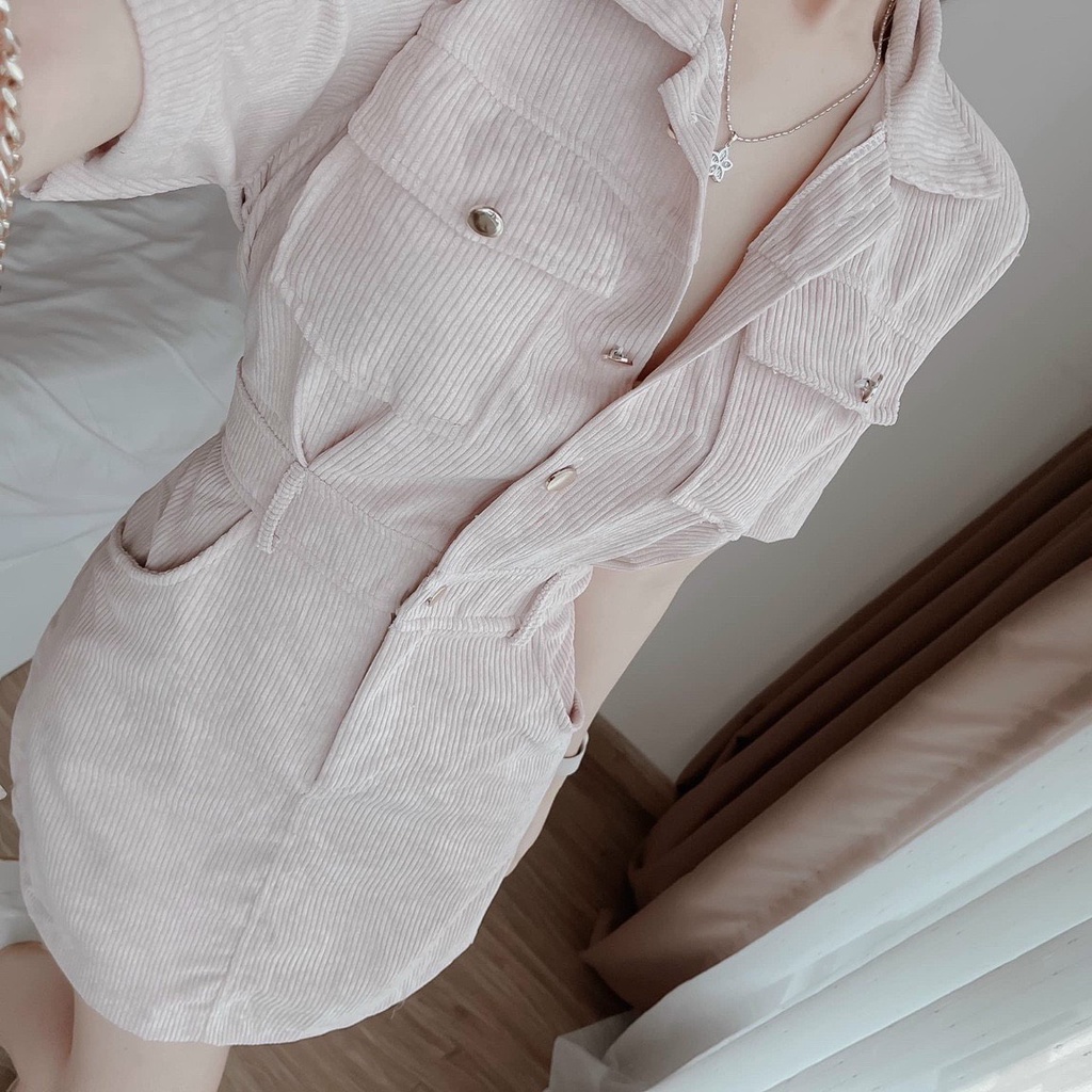 Đầm thời trang nữ mặc đi chơi chất tăm nhung sơ mi túi hộp tay ngắn váy suông chữ a ngắn