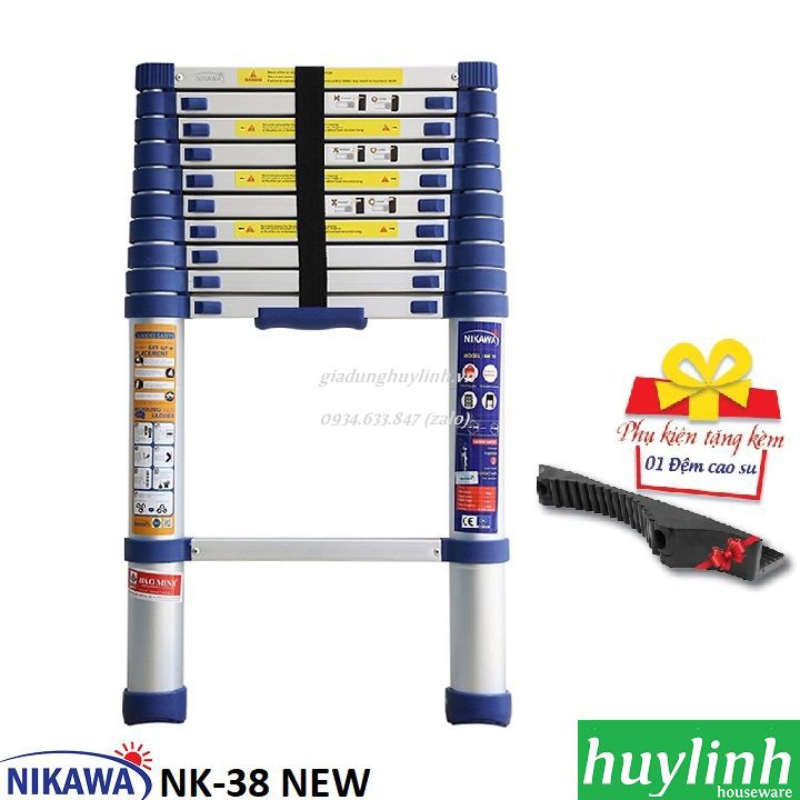 Thang nhôm rút gọn Nikawa 3.8 mét NK-38 New - Tặng kèm đệm cao su