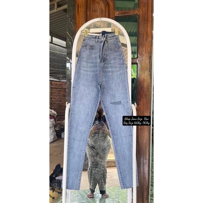 Quần Jean Skinny Xanh Nhạt Sáng Râu Mèo Tua Lai Co Giãn Mạnh, Cạp Cao Trên Rốn Siêu Tôn Dáng