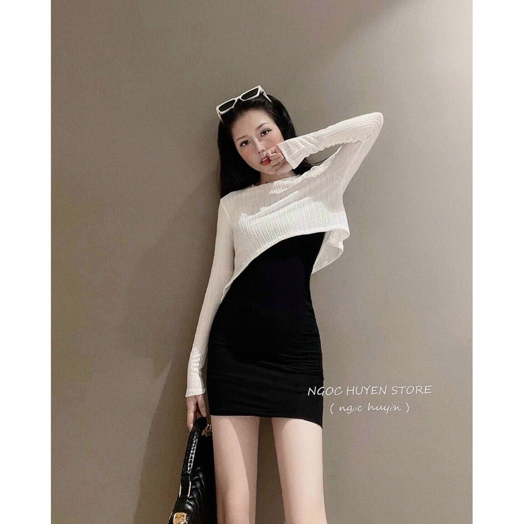 SET ĐẦM HAI DÂY BODY KÈM ÁO THUN CROPTOP TAY DÀI ULZZANG