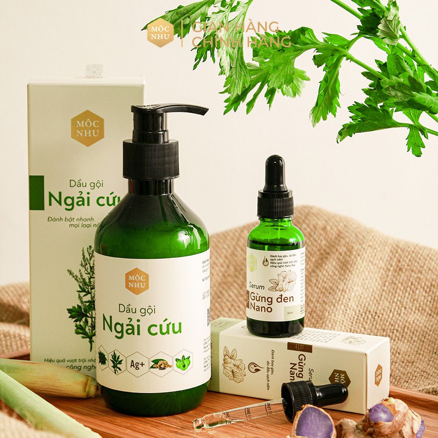 Bộ Đôi Dầu Gội Ngải Cứu + Serum Gừng Đen Nano Mộc Nhu - Dứt Điểm Gàu Ngứa, Nấm Da Đầu (Gội 300ml, Serum 30ml)