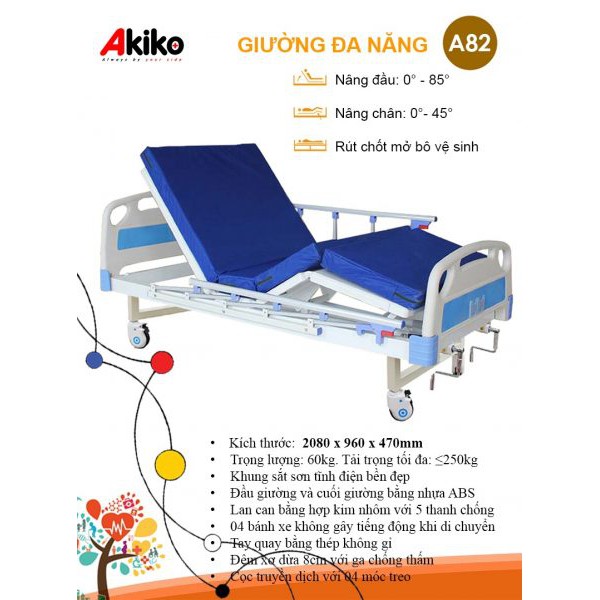 GIƯỜNG BỆNH NHÂN 2 TAY QUAY 3 CHỨC NĂNG AKIKO A82 CÓ BÔ VỆ SINH