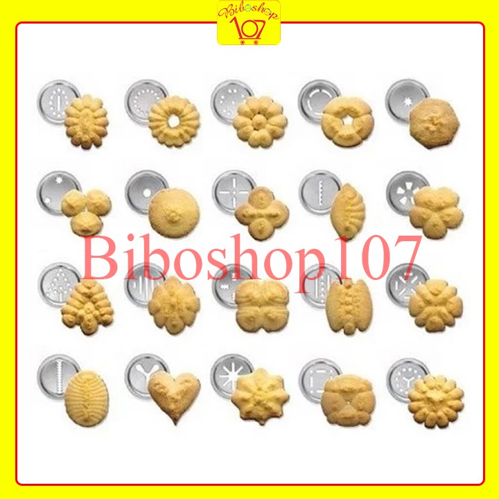 Khuôn nhấn bánh qui cookies press Inox 20 mặt kèm 4 đuôi bắt