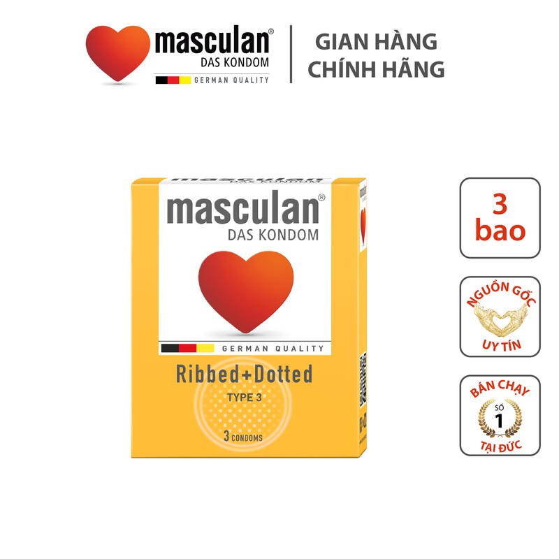 Bao cao su làm tăng khoái cảm cho phụ nữ Masculan - 6 đường gân + hàng trăm chấm hạt - Có nhiều gel bôi trơn - Hộp 3 bao